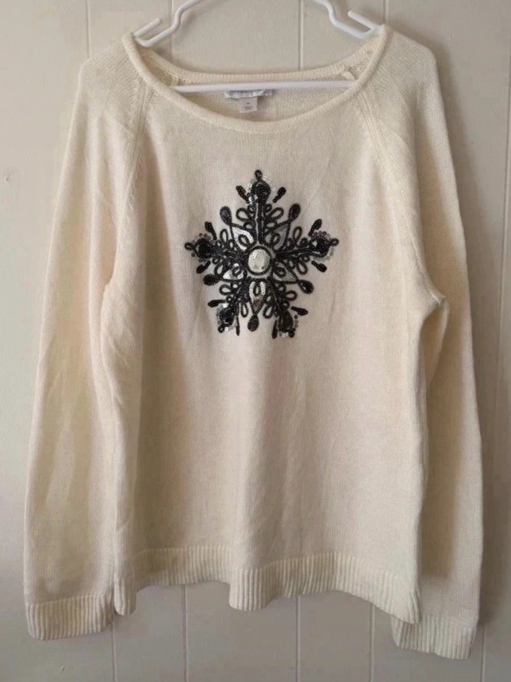 Christopher & Banks Cream Sweater with Black & Silver Sequin Snowflake Christmas